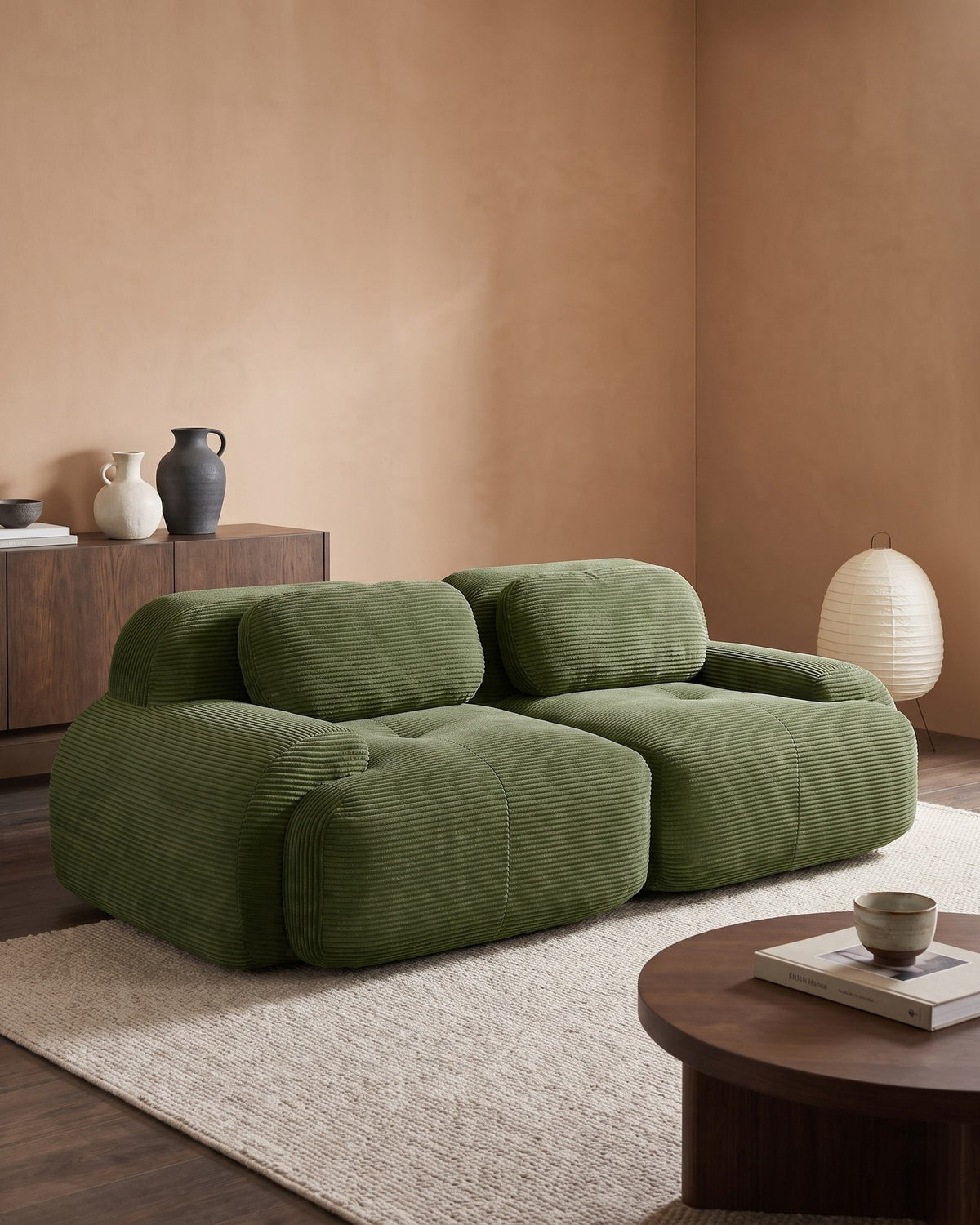 Corduroy Modular Loveseat, 82 in in Olive Green, styled in a bright living room