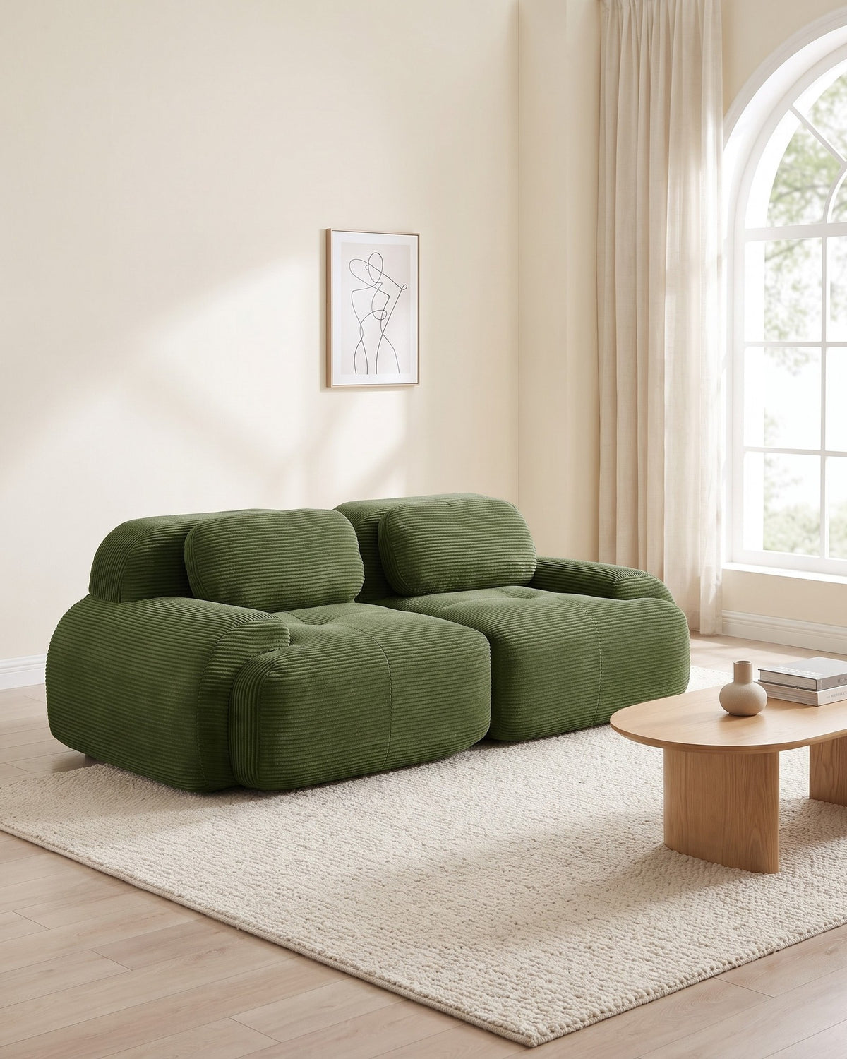 Corduroy Modular Loveseat, 82 in in Olive Green, styled in a bright living room