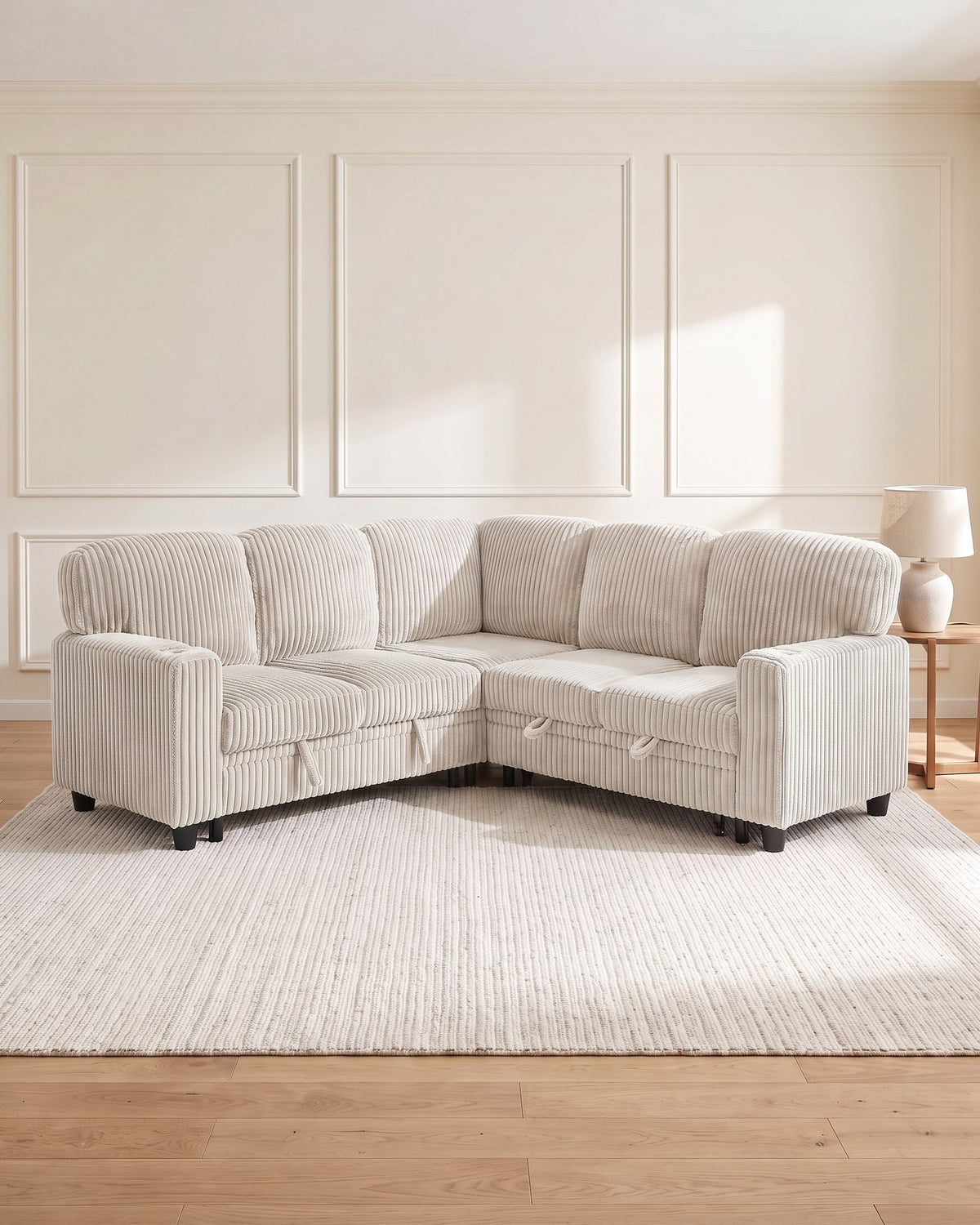 Corduroy Sleeper Sectional with Pull-Out Bed and Storage, 81 in in Beige, styled in a bright living room