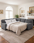 Corduroy Sleeper Sectional with Pull-Out Bed and Storage, 81 in in Grey, unfolded into a bed [c:grey]