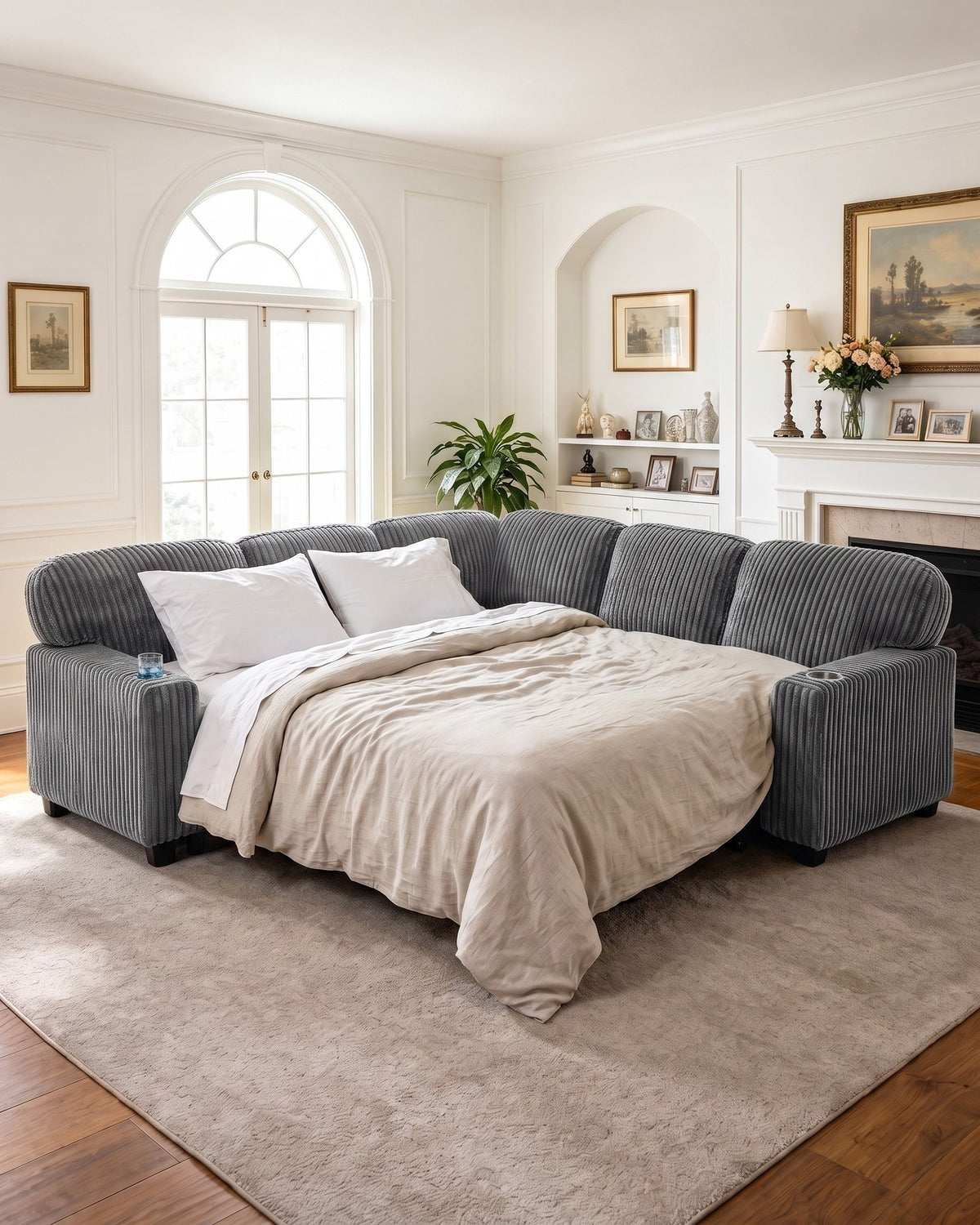Corduroy Sleeper Sectional with Pull-Out Bed and Storage, 81 in in Grey, unfolded into a bed