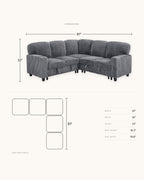 Corduroy Sleeper Sectional with Pull-Out Bed and Storage, 81 in in Grey, dimensions diagram in inches [c:grey] [r:dims]