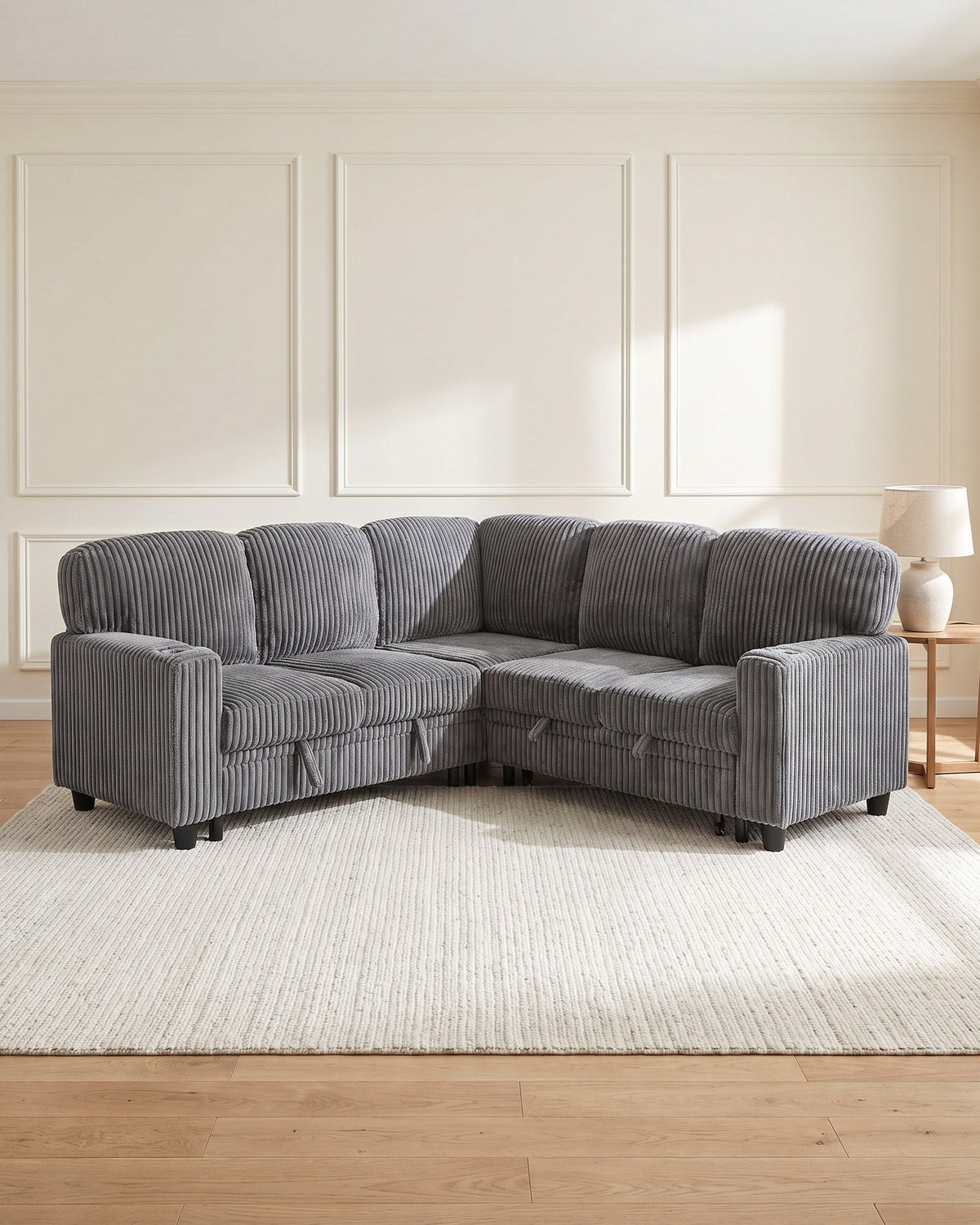 Corduroy Sleeper Sectional with Pull-Out Bed and Storage, 81 in in Grey, styled in a bright living room