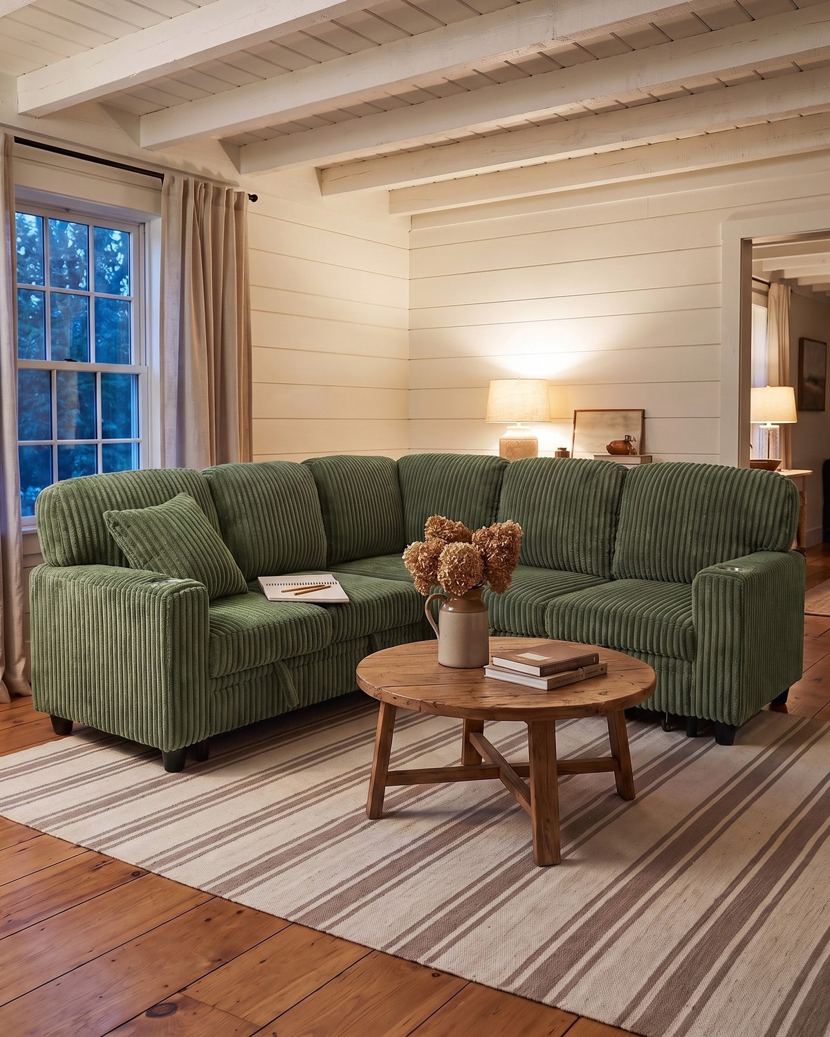 Corduroy Sleeper Sectional with Pull-Out Bed and Storage, 81 in in Olive Green, styled in a bright living room