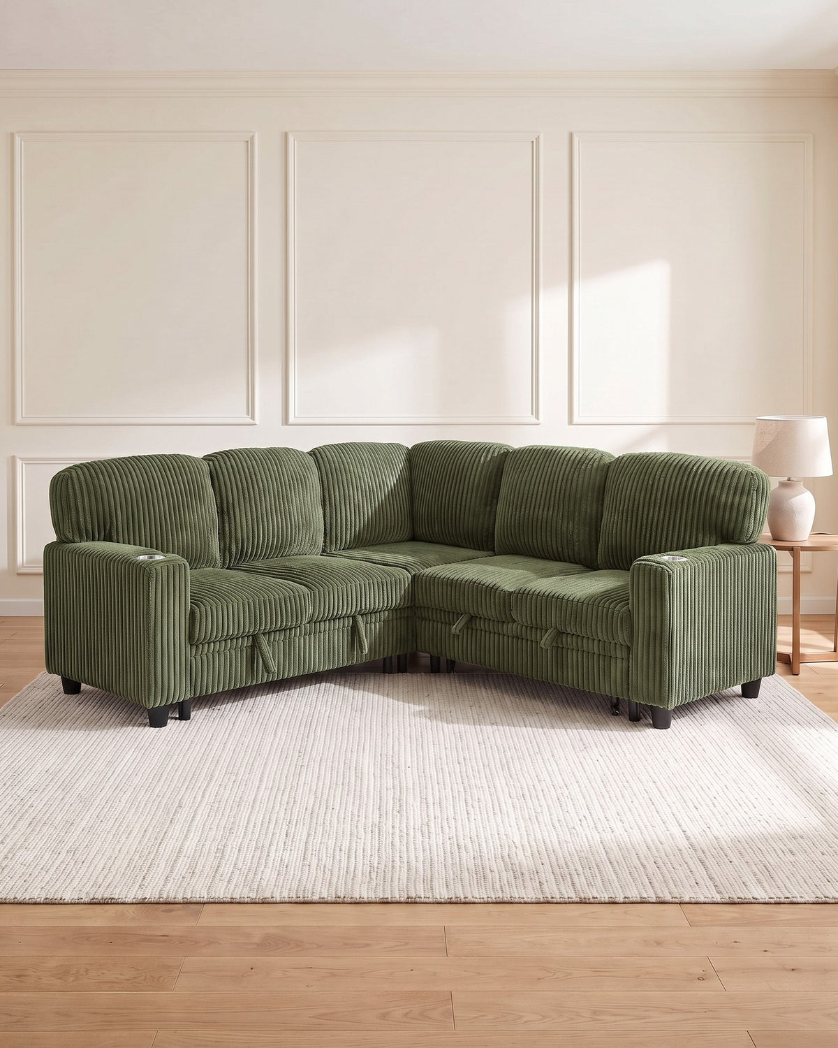 Corduroy Sleeper Sectional with Pull-Out Bed and Storage, 81 in in Olive Green, styled in a bright living room