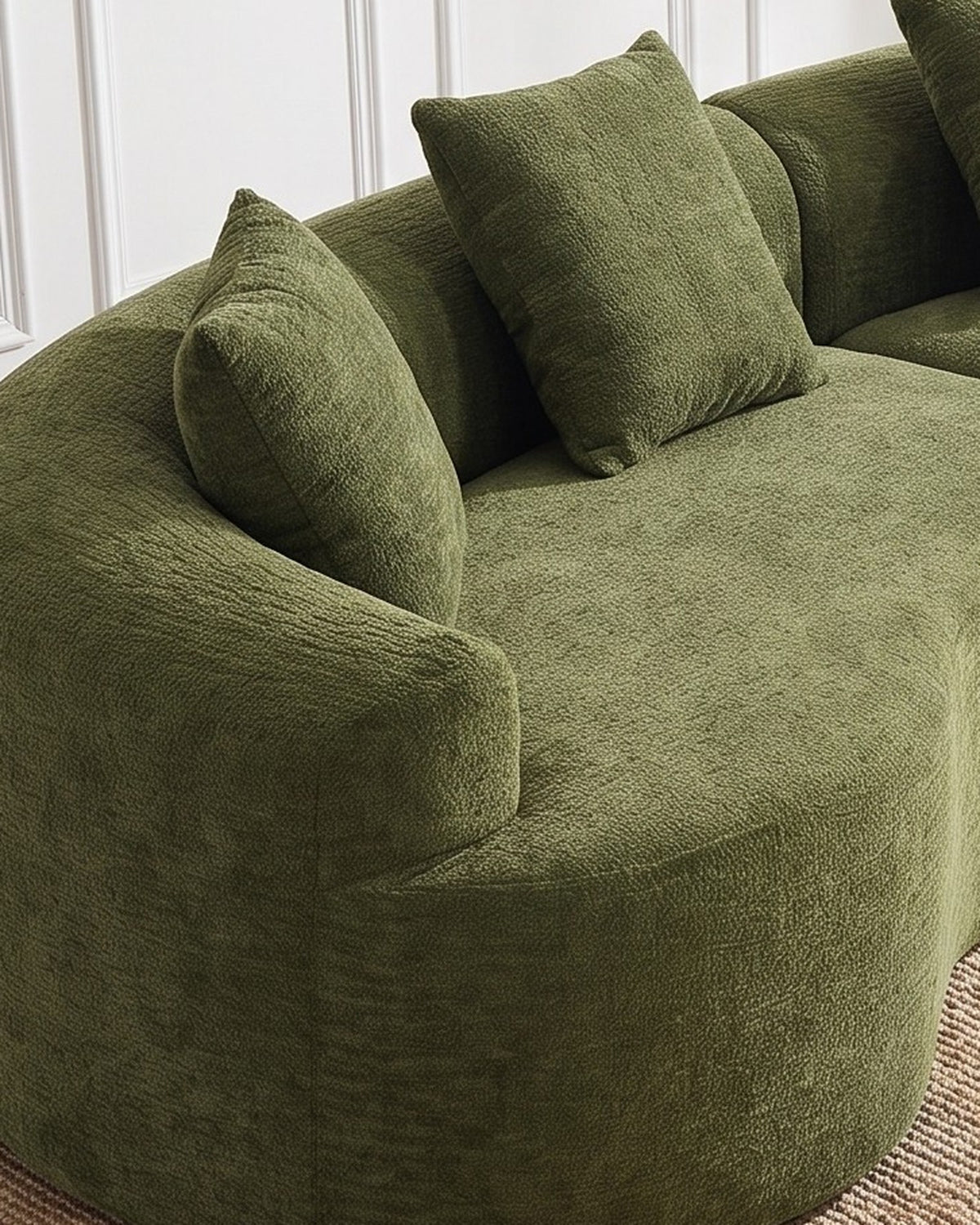 Curved Boneless Sofa, 110 in in Green, close-up of the left end