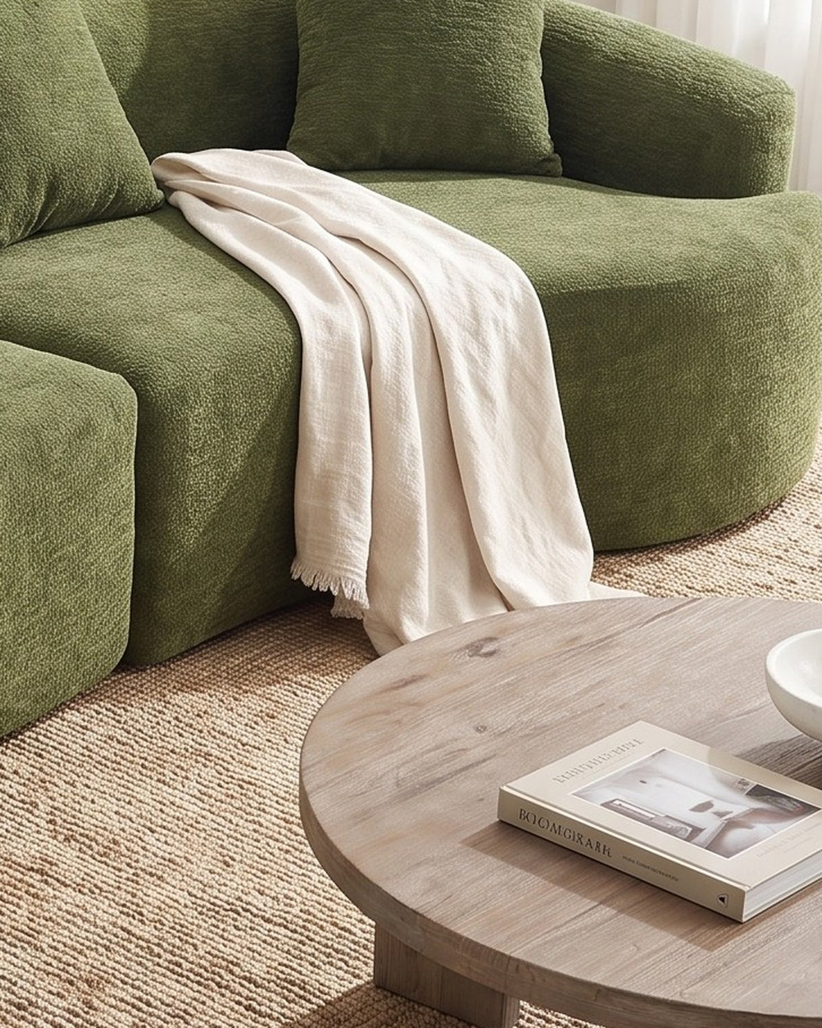 Curved Boneless Sofa, 110 in in Green, close-up of the right end