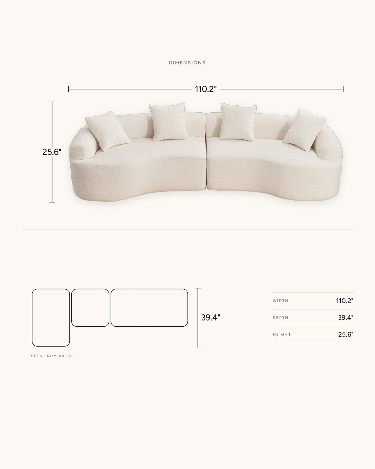 Curved Boneless Sofa, 110 in in White, dimensions diagram in inches