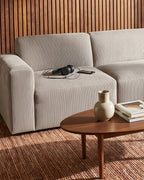 Curved Deep-Seat Sectional with Ottoman, 111 in in Espresso, close-up of the left end [c:espresso] [r:detail]