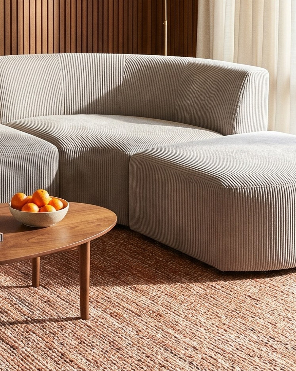 Curved Deep-Seat Sectional with Ottoman, 111 in in Espresso, close-up of the right end