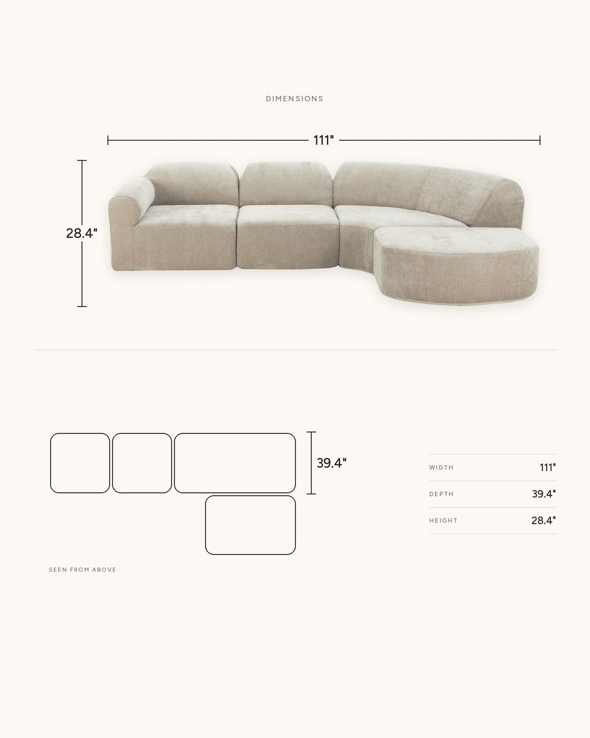Curved Deep-Seat Sectional with Ottoman, 111 in in Espresso, dimensions diagram in inches