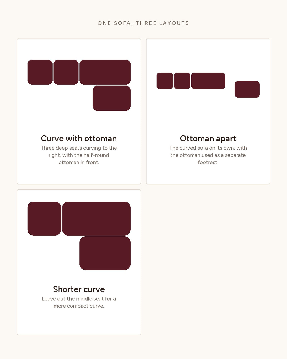 Curved Deep-Seat Sectional with Ottoman, 111 in in Espresso, top-view diagram of the layouts