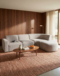 Curved Deep-Seat Sectional with Ottoman, 111 in in Espresso, styled in a bright living room [c:espresso] [r:good]