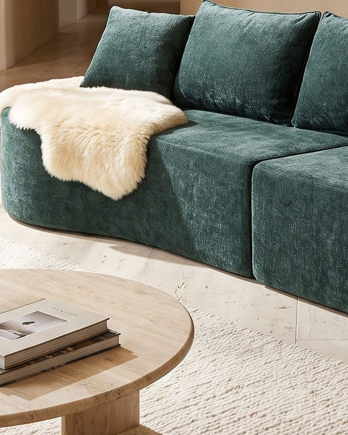Curved Sectional, 139 in in Dark Green, close-up of the left end