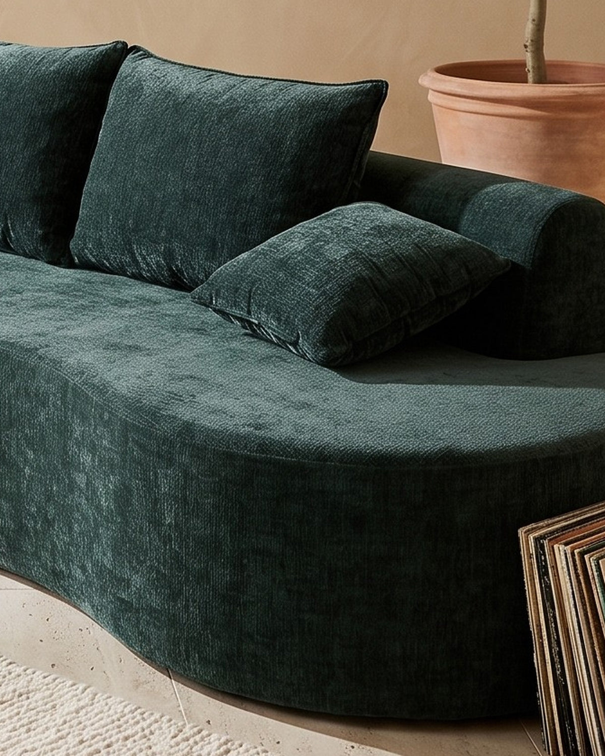 Curved Sectional, 139 in in Dark Green, close-up of the right end