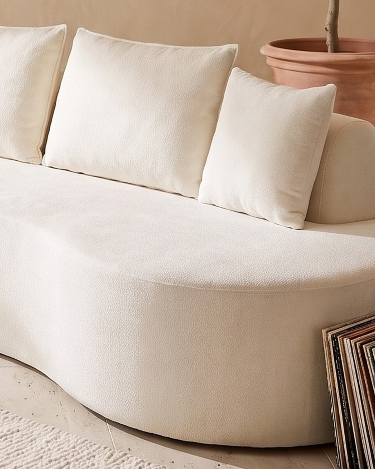 Curved Sectional, 139 in in White, close-up of the right end