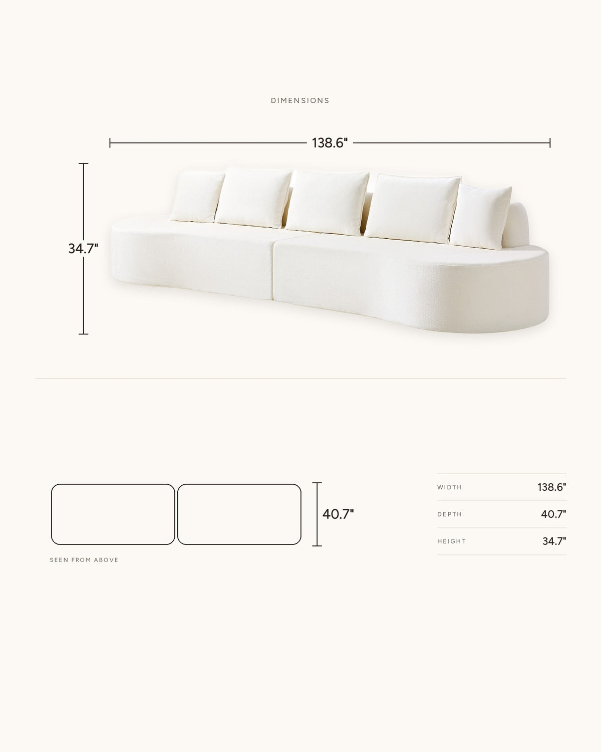 Curved Sectional, 139 in in White, dimensions diagram in inches