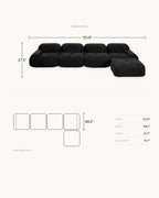 Modular Sofa with Reversible Ottoman, 4 Seats in Black, dimensions diagram in inches [c:black] [r:dims]