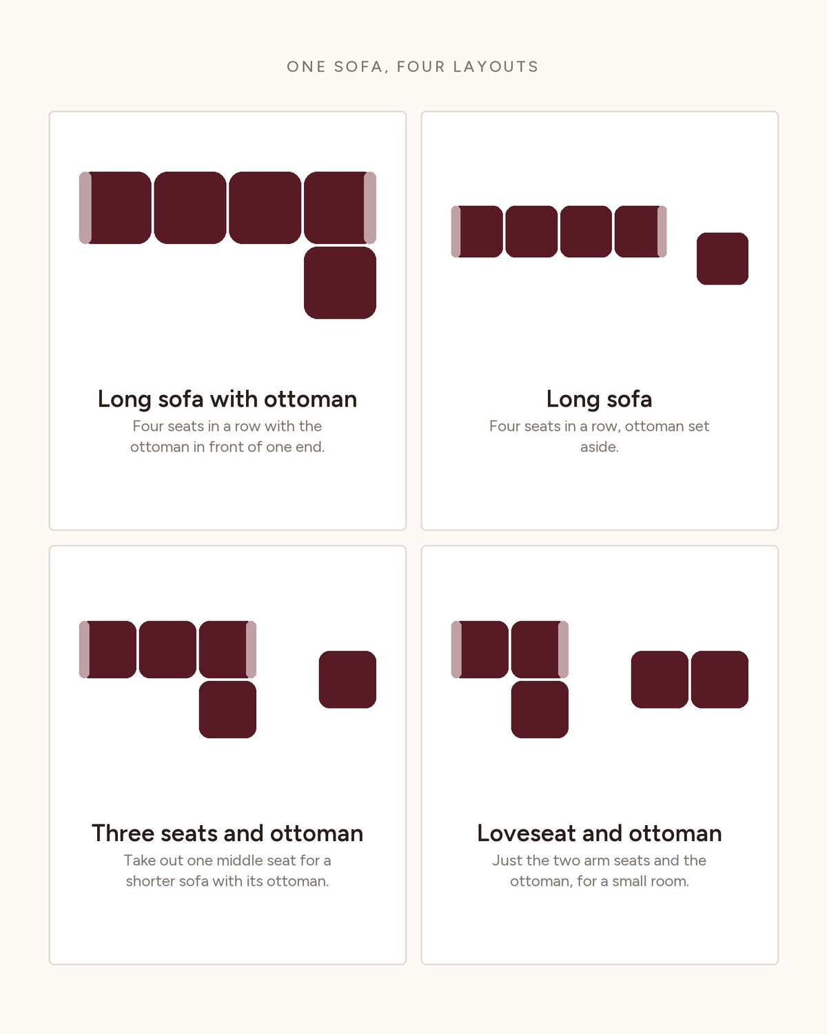 Modular Sofa with Reversible Ottoman, 4 Seats in Black, top-view diagram of the layouts