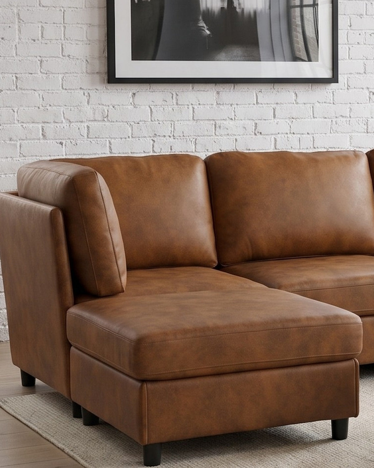 Modular U-Shaped Sectional with Two Ottomans, 6 Pieces in Light Brown, close-up of the left end
