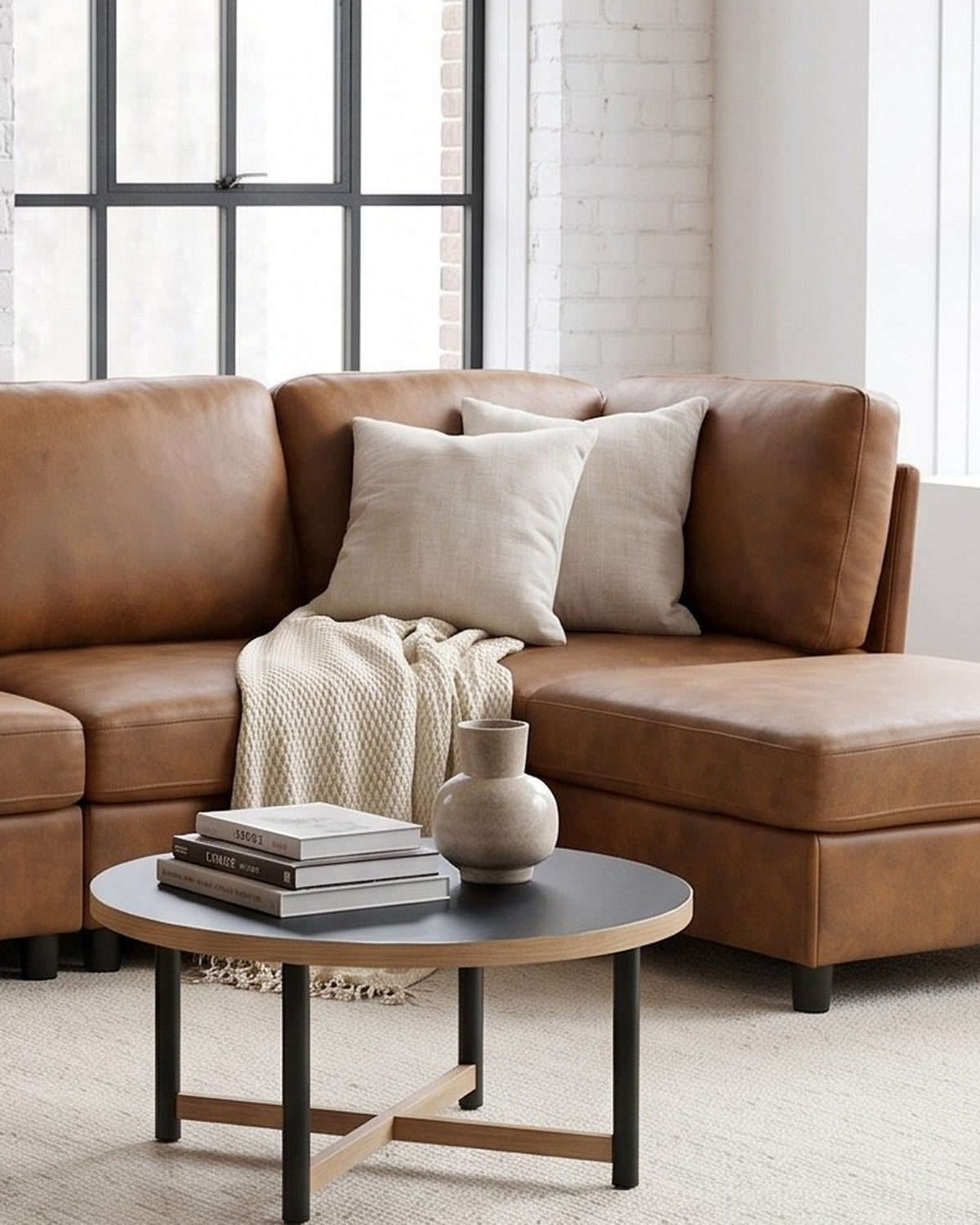 Modular U-Shaped Sectional with Two Ottomans, 6 Pieces in Light Brown, close-up of the right end