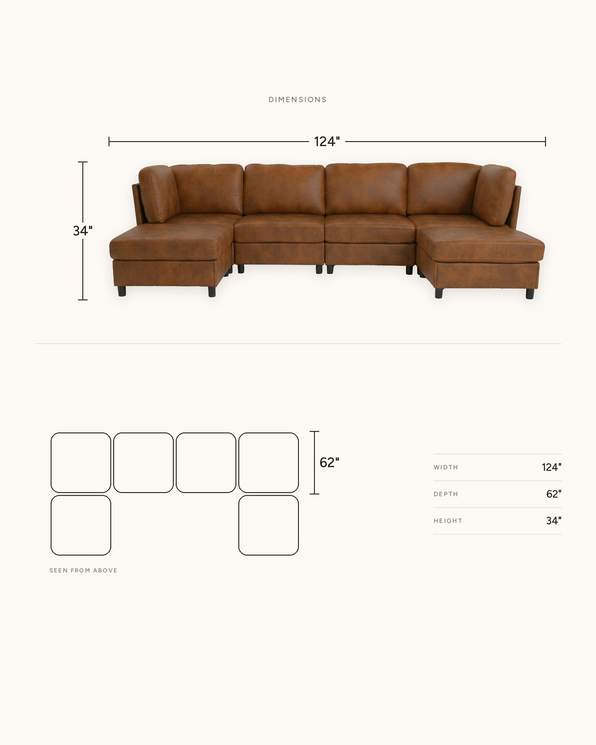 Modular U-Shaped Sectional with Two Ottomans, 6 Pieces in Light Brown, dimensions diagram in inches