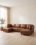 Modular U-Shaped Sectional with Two Ottomans, 6 Pieces in Light Brown, styled in a bright living room [c:lightbrown] [r:good]
