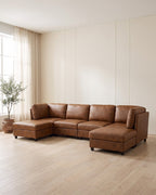 Modular U-Shaped Sectional with Two Ottomans, 6 Pieces in Light Brown, styled in a bright living room [c:lightbrown] [r:good]