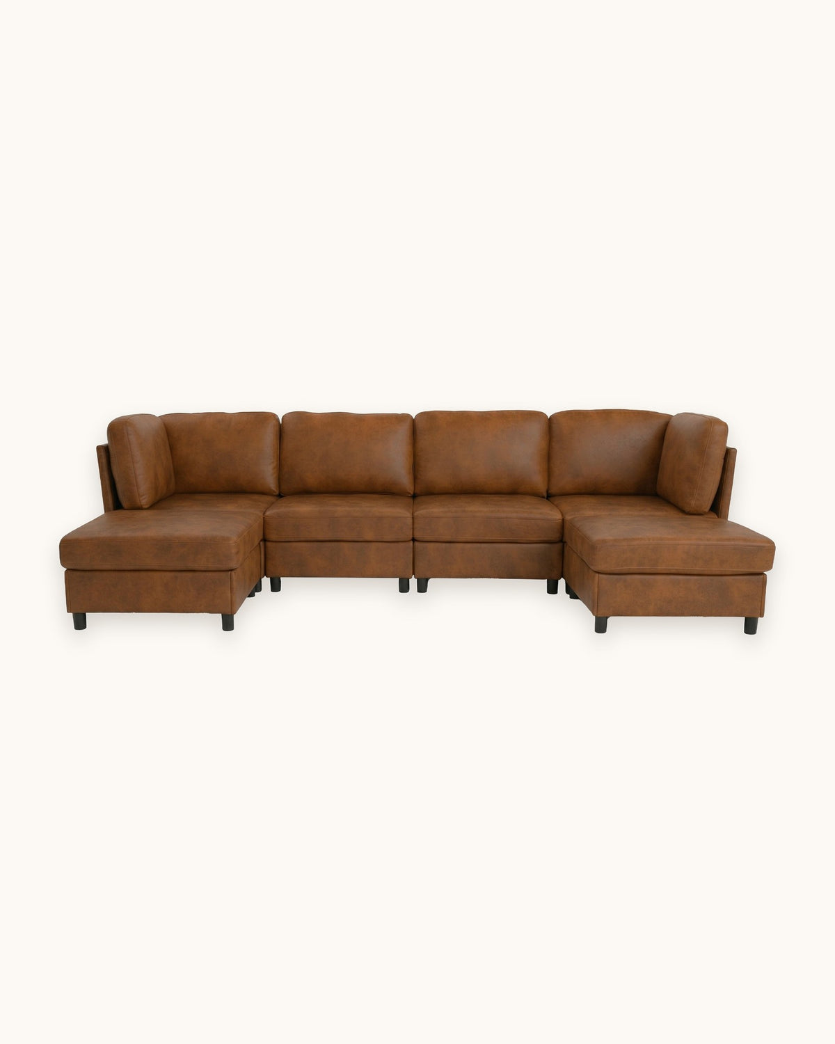 Modular U-Shaped Sectional with Two Ottomans, 6 Pieces in Light Brown, studio photo on a light background