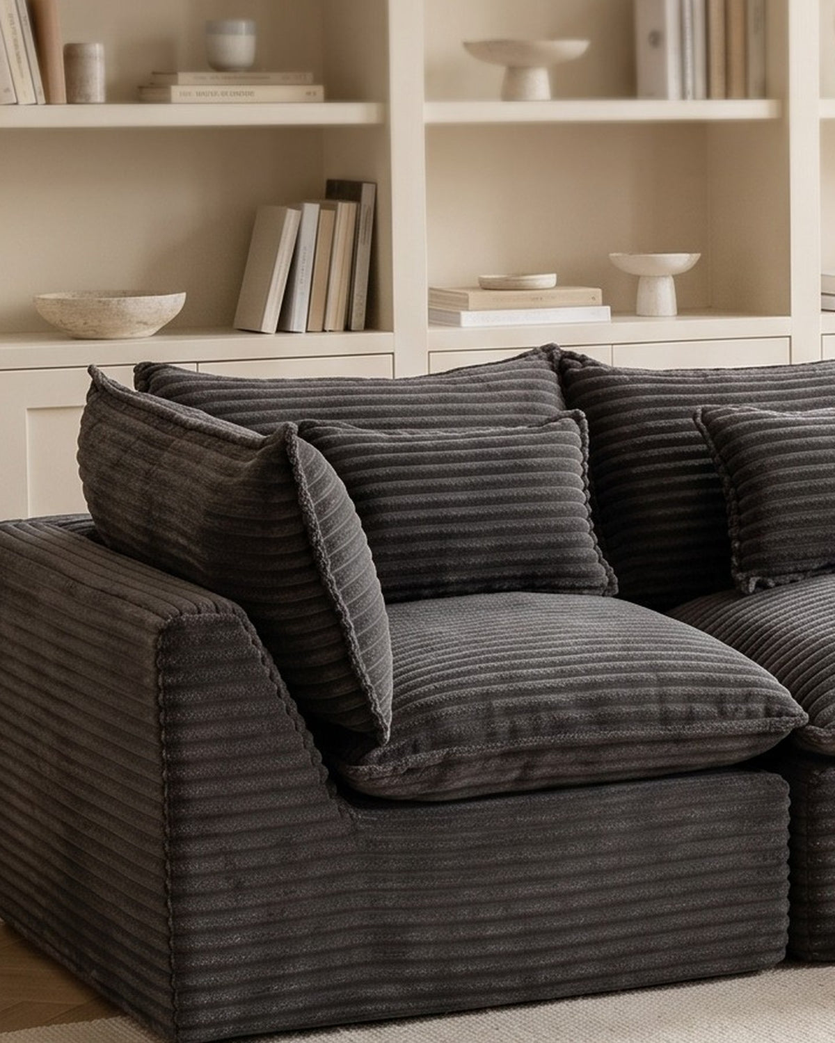 Oversized Cloud L-Shaped Sectional, 102 in in Antique Grey, close-up of the left end