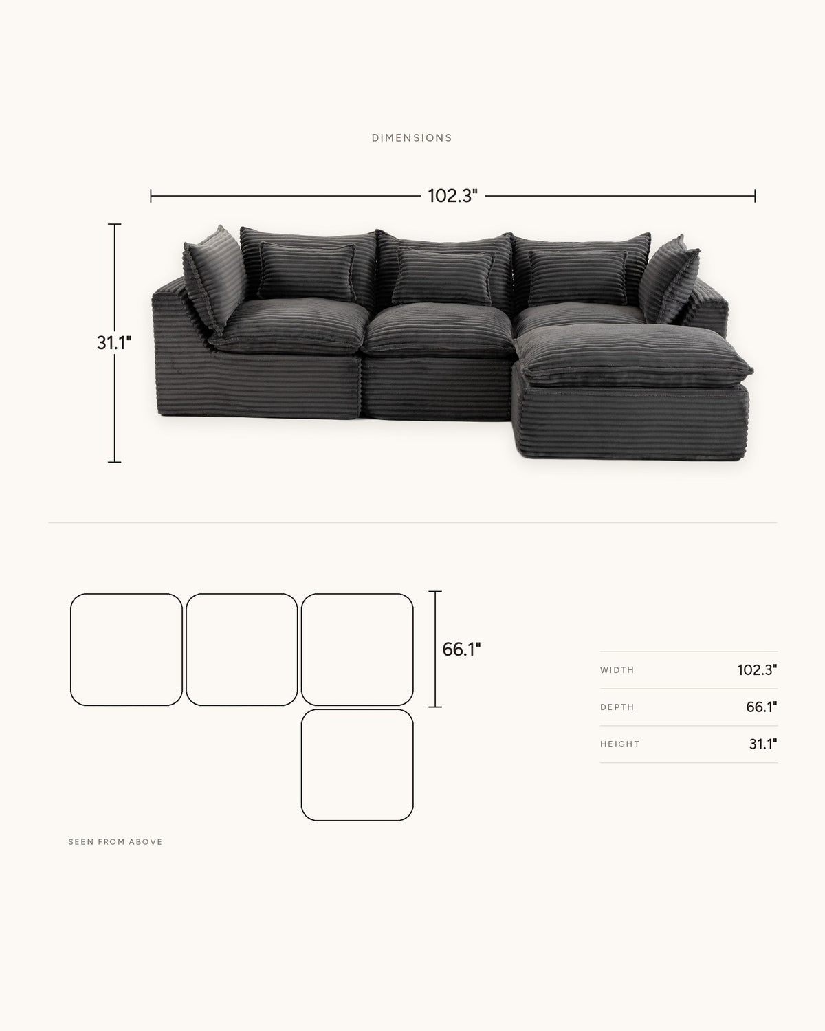 Oversized Cloud L-Shaped Sectional, 102 in in Antique Grey, dimensions diagram in inches