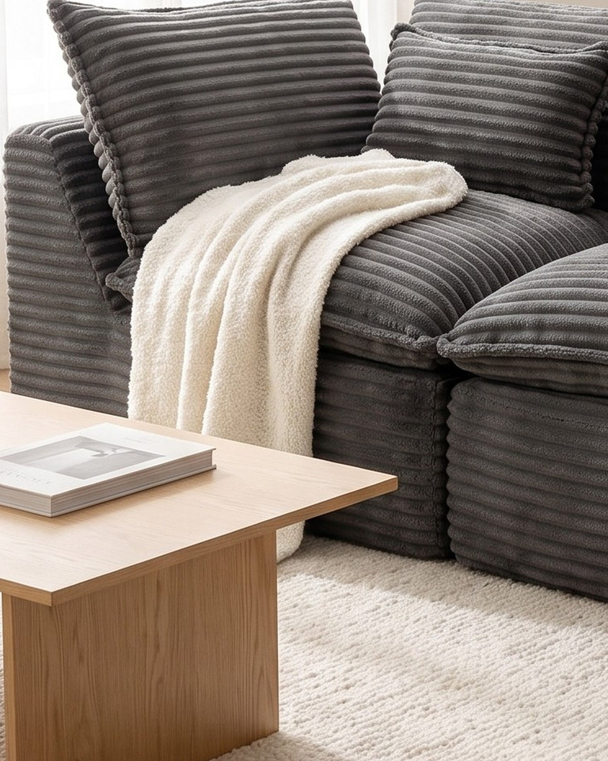 Oversized Cloud Loveseat, 75 in in Antique Grey, close-up of the left end