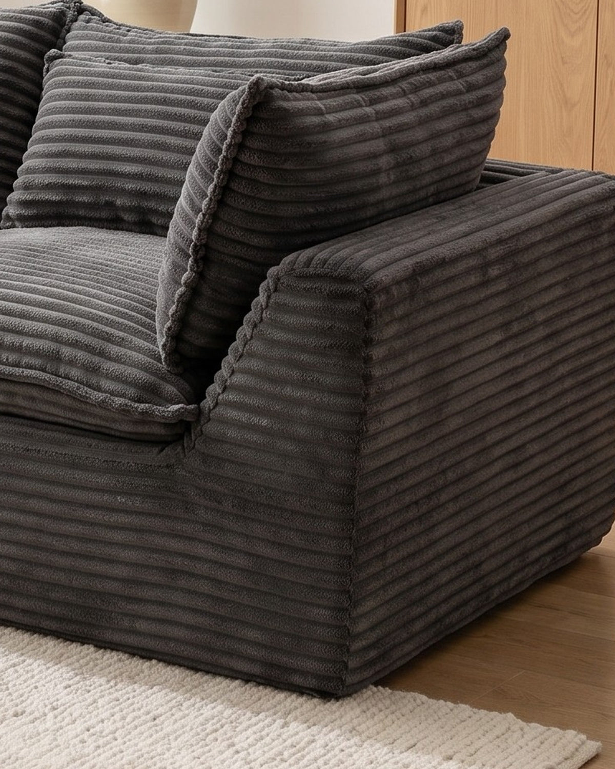 Oversized Cloud Loveseat, 75 in in Antique Grey, close-up of the right end