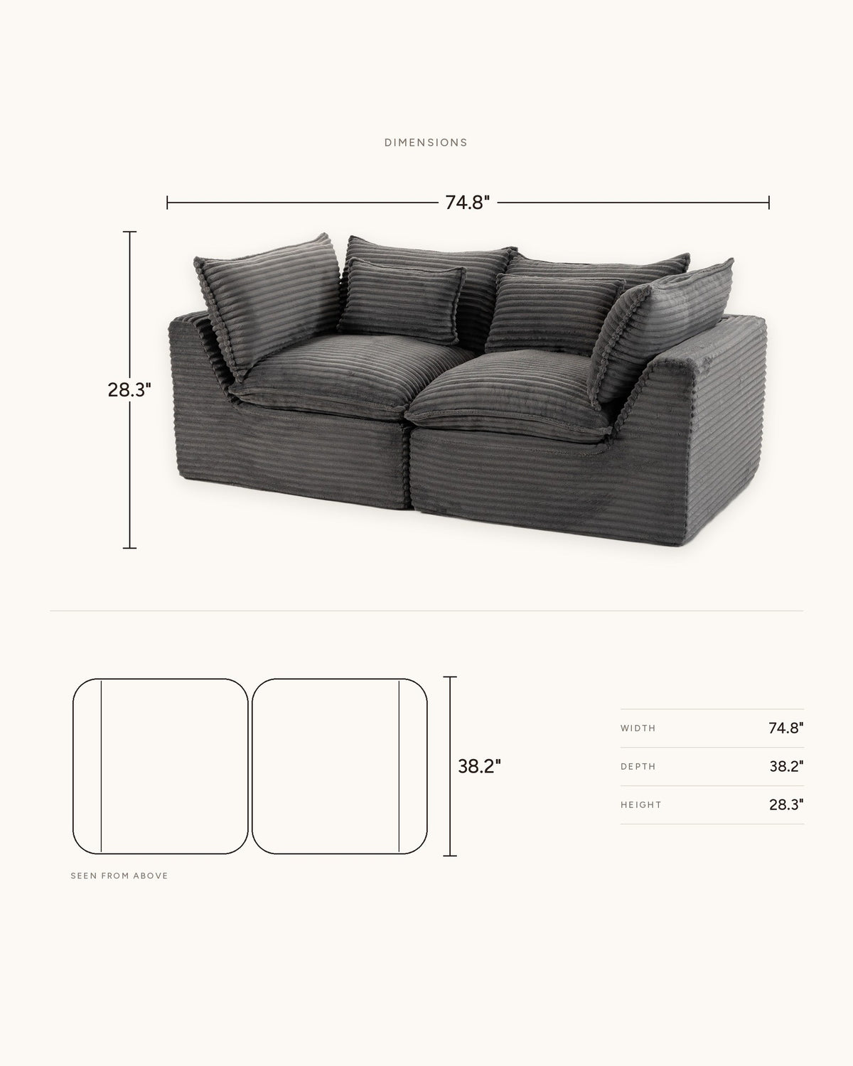 Oversized Cloud Loveseat, 75 in, dimensions in inches