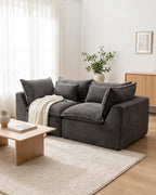 Oversized Cloud Loveseat, 75 in in Antique Grey, styled in a bright living room [c:antiquegrey] [r:good]