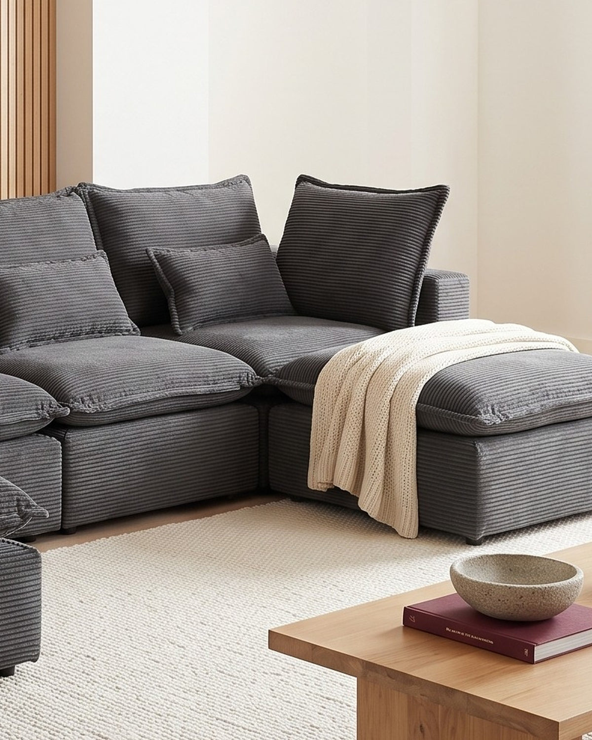 Oversized Cloud U-Shaped Sectional with Ottomans, 130 in in Antique Grey, close-up of the right end