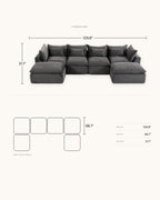 Oversized Cloud U-Shaped Sectional with Ottomans, 130 in in Antique Grey, dimensions diagram in inches [c:antiquegrey] [r:dims]