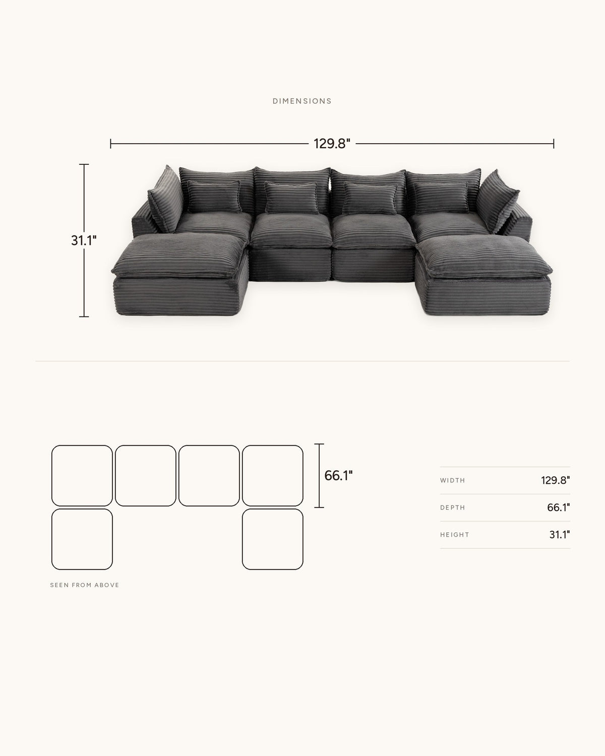 Oversized Cloud U-Shaped Sectional with Ottomans, 130 in in Antique Grey, dimensions diagram in inches