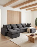 Oversized Cloud U-Shaped Sectional with Ottomans, 130 in in Antique Grey, styled in a bright living room [c:antiquegrey] [r:good]
