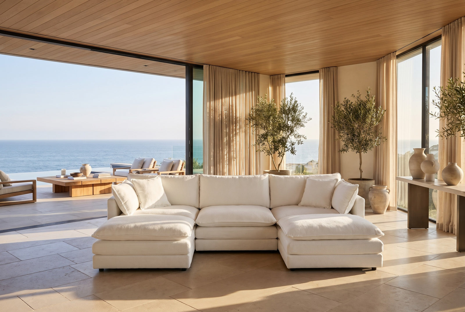 The same cream modular sectional arranged as a u-shape