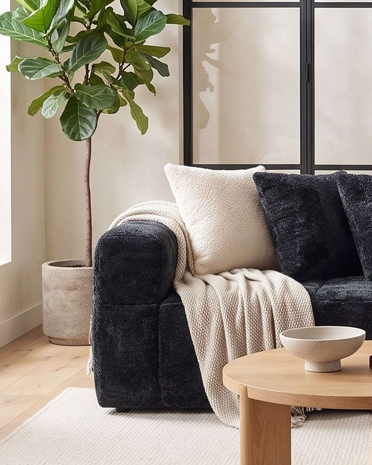 Textured Cloud L-Shaped Sectional with Chaise, 108 in in Black, close-up of the left end