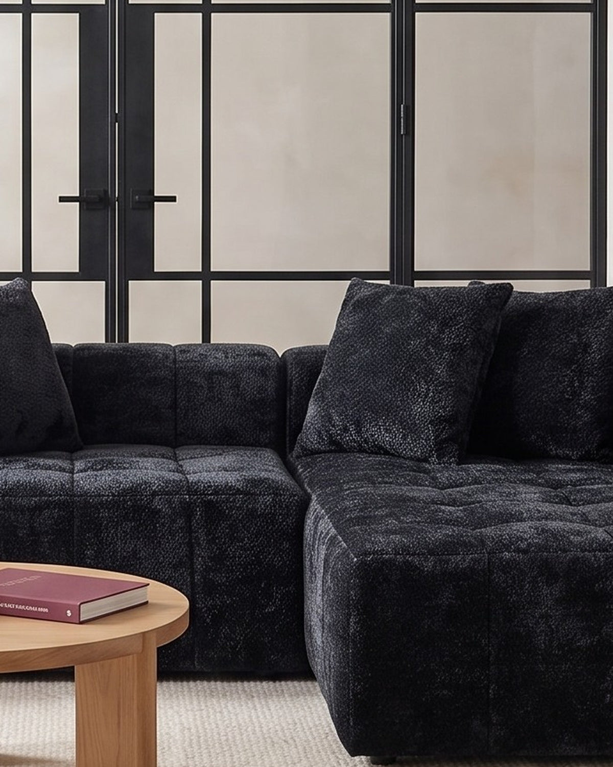 Textured Cloud L-Shaped Sectional with Chaise, 108 in in Black, close-up of the right end