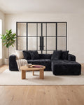 Textured Cloud L-Shaped Sectional with Chaise, 108 in in Black, styled in a bright living room [c:black] [r:good]