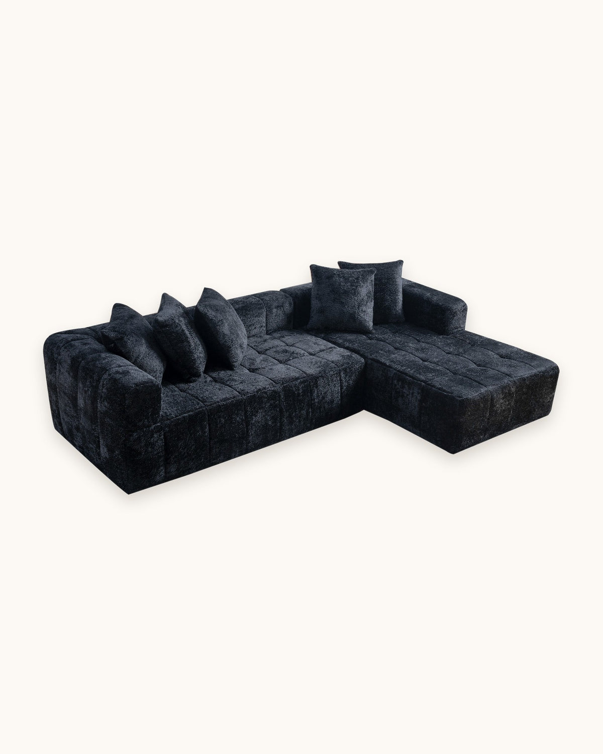 Textured Cloud L-Shaped Sectional with Chaise, 108 in in Black, studio photo on a light background