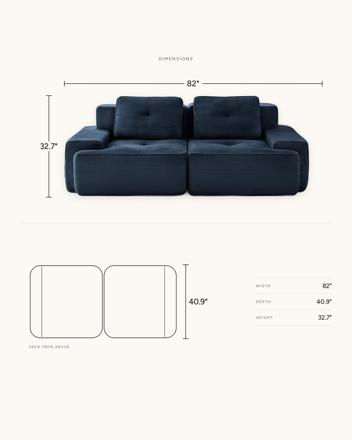 Tufted Corduroy Loveseat, 82 in, dimensions in inches