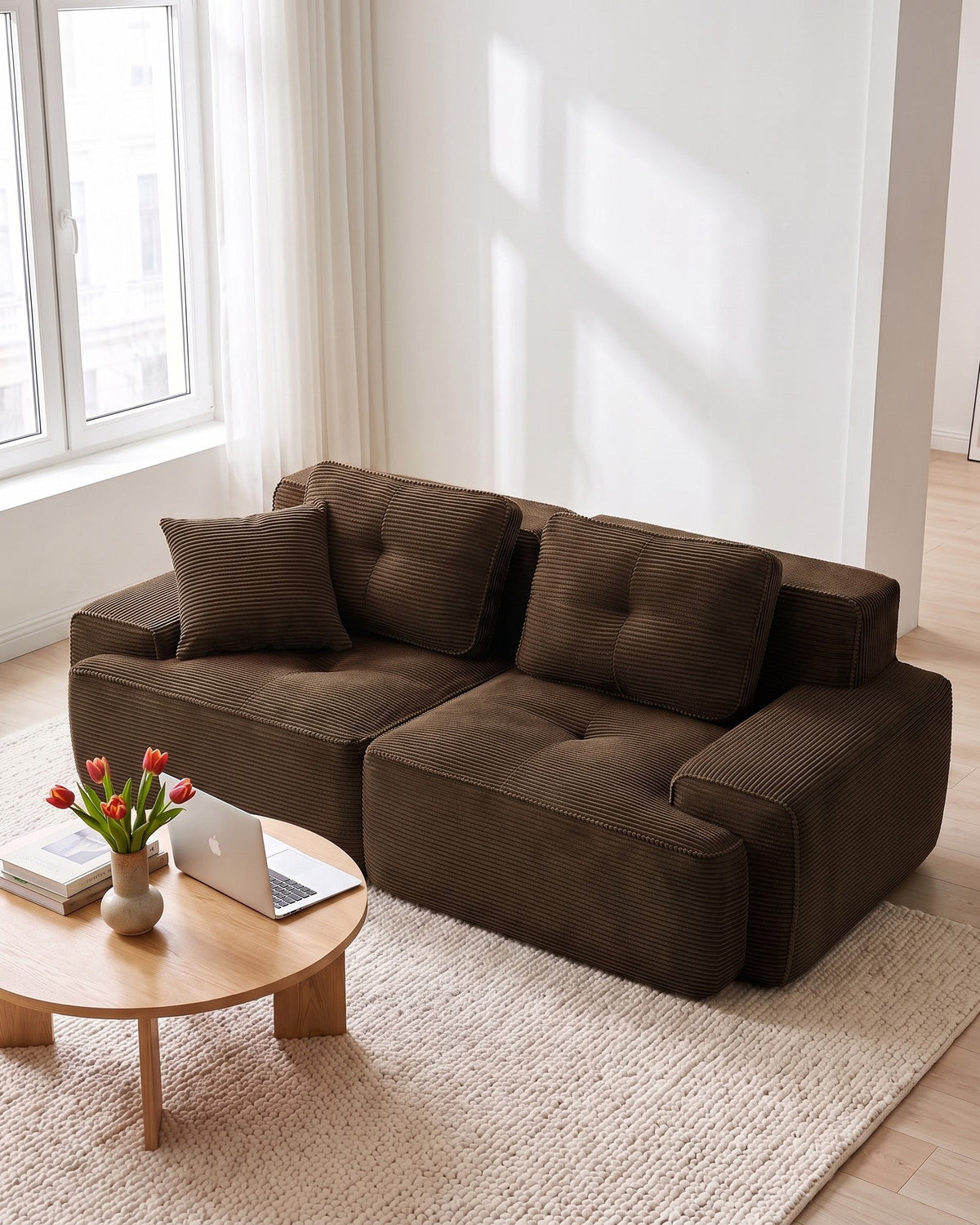 Tufted Corduroy Loveseat, 82 in in Brown, styled in a bright living room