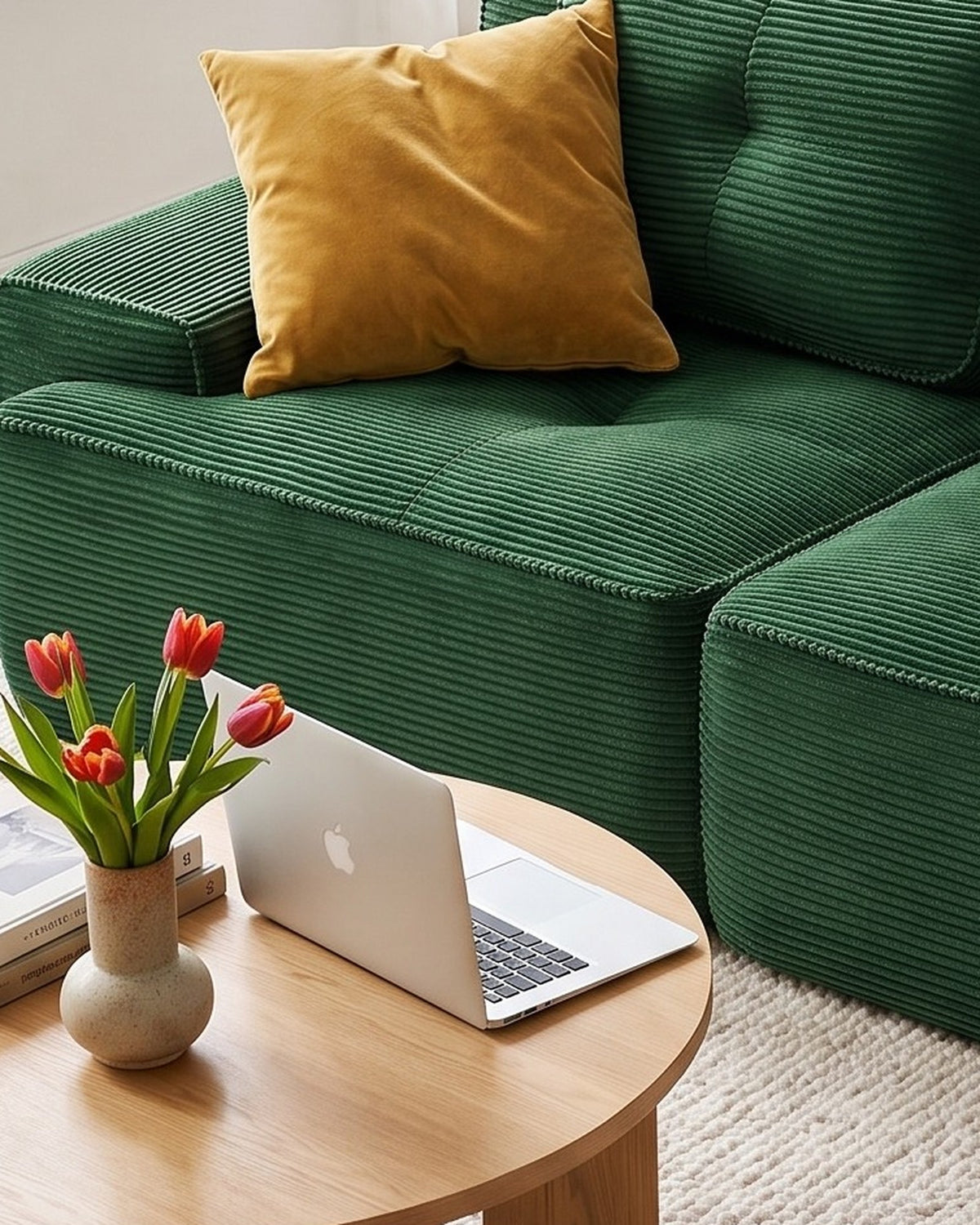 Tufted Corduroy Loveseat, 82 in in Green, close-up of the left end