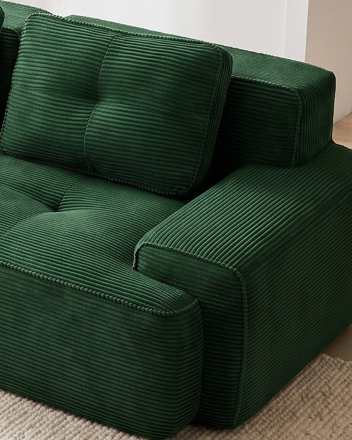 Tufted Corduroy Loveseat, 82 in in Green, close-up of the right end