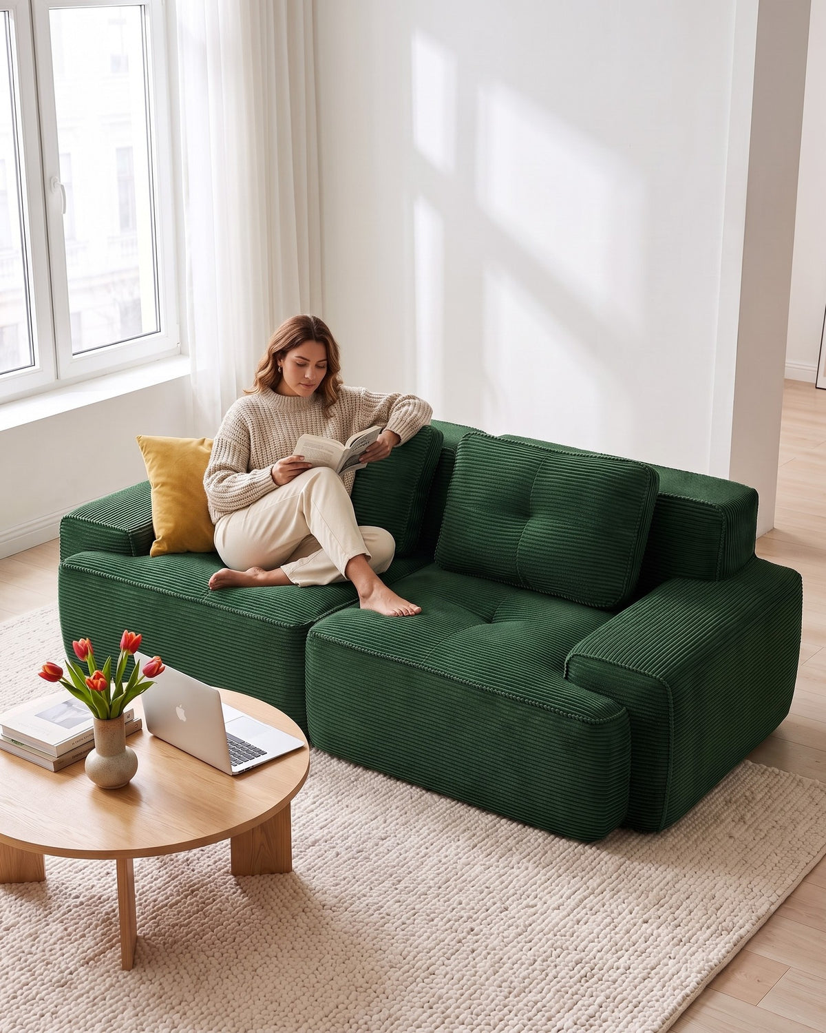 Tufted Corduroy Loveseat, 82 in in Green, with a person relaxing on it