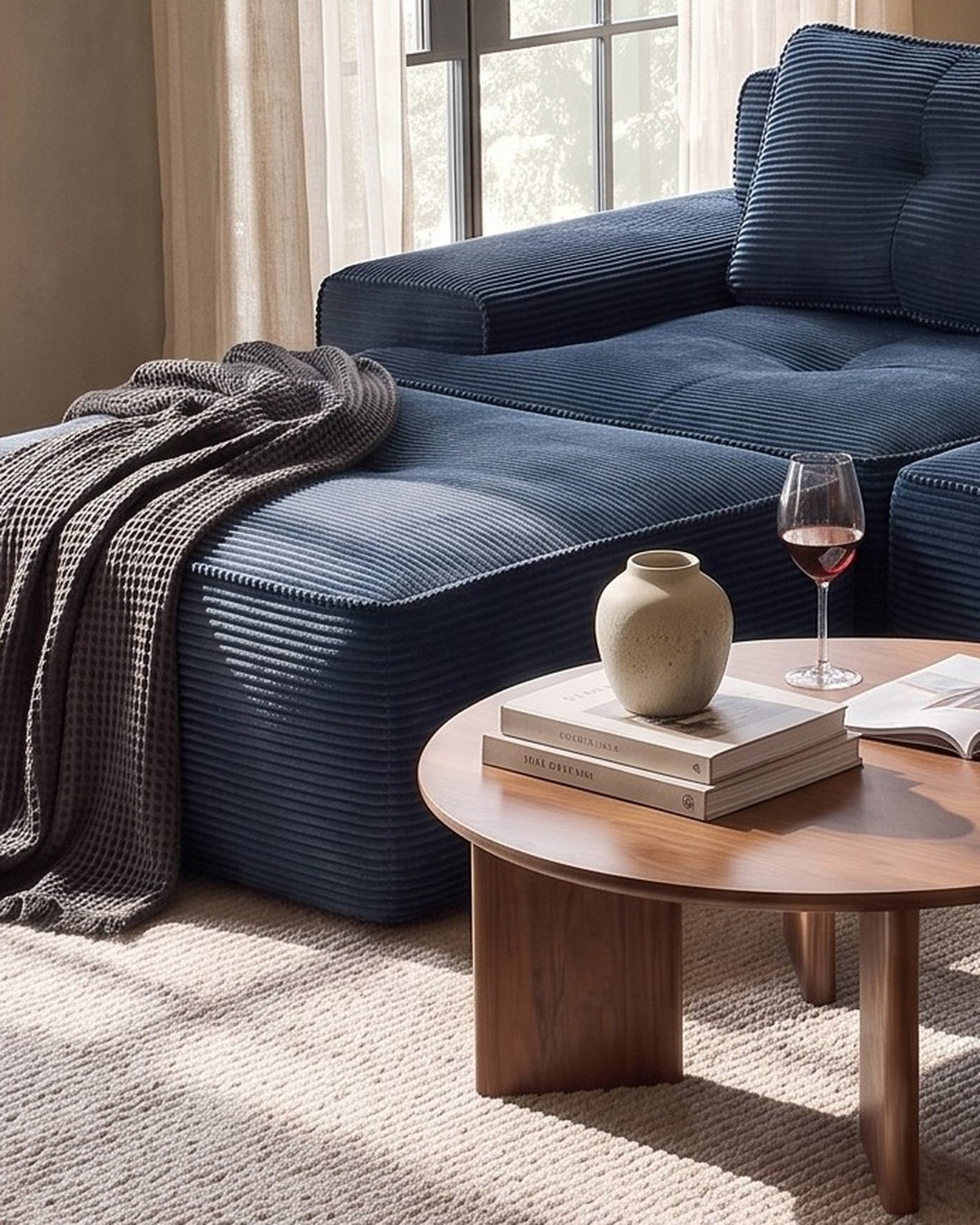Tufted Corduroy Modular Loveseat with Ottoman in Blue, close-up of the left end